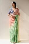 Geroo Jaipur_Green Chiffon Ruffles Shaded Pre-draped Saree With Unstitched Blouse Fabric_Online_at_Aza_Fashions
