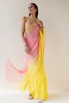 Buy_Geroo Jaipur_Yellow Chiffon Ruffle Pre-draped Shaded Saree With Unstitched Blouse Fabric _Online_at_Aza_Fashions