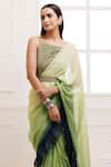Geroo Jaipur_Green Chiffon Ombre Thread Pre-draped Ruffle Saree With Embroidered Blouse_Online_at_Aza_Fashions