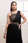 Buy_Geroo Jaipur_Black Chiffon Embroidered Blouse Floral Pre-draped Ruffled Saree With