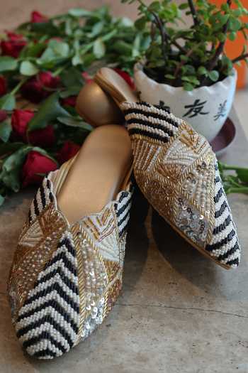 Buy_Foot Fuel_Gold Beads, Zari, Sequins Khayal Pearl And Work Mule Heels _Online_at_Aza_Fashions