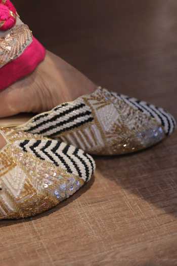 Foot Fuel_Gold Beads, Zari, Sequins Khayal Pearl And Work Mule Heels _Online_at_Aza_Fashions