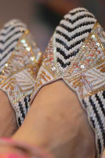 Shop_Foot Fuel_Gold Beads, Zari, Sequins Khayal Pearl And Work Mule Heels 