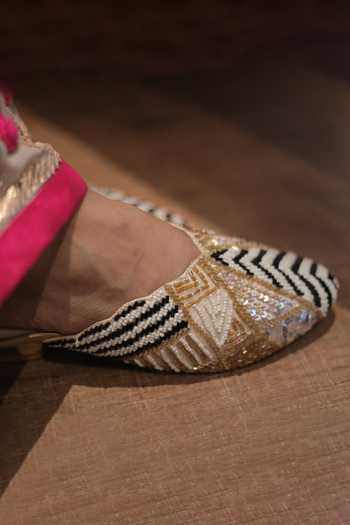 Buy_Foot Fuel_Gold Beads, Zari, Sequins Khayal Pearl And Work Mule Heels _Online