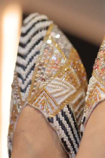 Shop_Foot Fuel_Gold Beads, Zari, Sequins Khayal Pearl And Work Mule Heels _at_Aza_Fashions