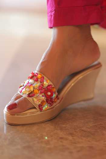 Buy_Foot Fuel_Pink Crystals, Beads Peony Embellished Wedges _at_Aza_Fashions