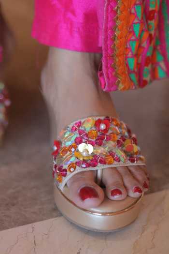 Buy_Foot Fuel_Pink Crystals, Beads Peony Embellished Wedges _Online_at_Aza_Fashions