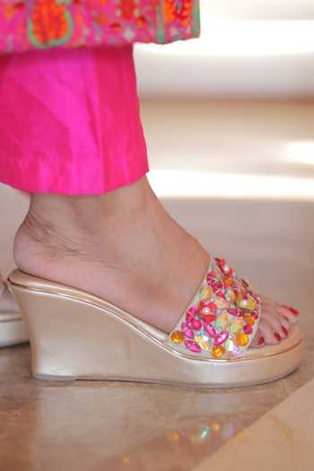 Shop_Foot Fuel_Pink Crystals, Beads Peony Embellished Wedges _Online_at_Aza_Fashions