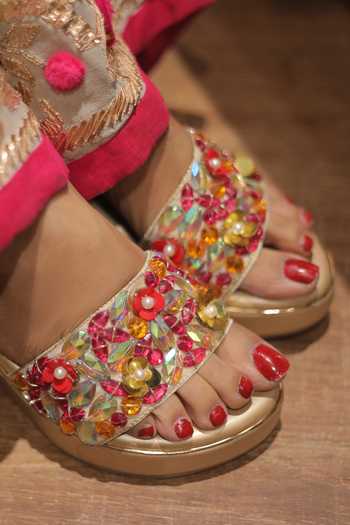 Foot Fuel_Pink Crystals, Beads Peony Embellished Wedges _at_Aza_Fashions