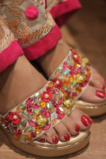 Buy_Foot Fuel_Pink Crystals, Beads Peony Embellished Wedges 