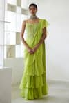 Buy_Mishru_Green Saree Natural Crepe Noemi Pre-draped Ruffle And Corset Set  _at_Aza_Fashions