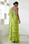 Shop_Mishru_Green Saree Natural Crepe Noemi Pre-draped Ruffle And Corset Set  _at_Aza_Fashions