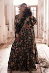 Buy_Paulmi and Harsh_Black Jacket Chiniya Silk Printed Floral Front With Embellished Veil  