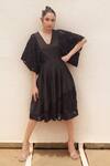 Buy_Couche_Black Cotton Lycra V Neck Floral Lace Boxy Sleeves Midi Dress  _at_Aza_Fashions