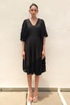 Couche_Black Cotton Lycra V Neck Floral Lace Boxy Sleeves Midi Dress  _Online_at_Aza_Fashions