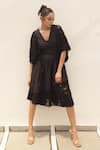 Buy_Couche_Black Cotton Lycra V Neck Floral Lace Boxy Sleeves Midi Dress  _Online_at_Aza_Fashions