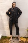 Buy_Couche_Black Cotton Lycra Applique Musk Rose Shirt Collar Neck Trouser Set  _at_Aza_Fashions