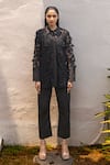 Buy_Couche_Black Cotton Lycra Applique Musk Rose Shirt Collar Neck Trouser Set  _Online_at_Aza_Fashions