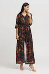 Buy_Whimsical By Shica_Black Organza, Satin Embroidery, Tassels V-neck Bird Print Double-flap Jumpsuit _Online_at_Aza_Fashions