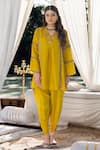 Buy_Kacha Tanka_Yellow Pure Silk Embroidered Sequin V Neck Kurta And Dhoti Pant Set _at_Aza_Fashions