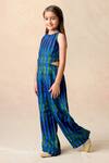Shop_Momkidsfashion_Blue Cupro Silk Algae Watercolor Striped Print Halter Neck Jumpsuit _Online_at_Aza_Fashions
