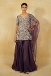 Buy_Megha Bansal_Purple Tulle Embroidered Pearl V-neck Luna Cutdana Kurta Sharara Set _at_Aza_Fashions