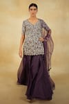 Shop_Megha Bansal_Purple Tulle Embroidered Pearl V-neck Luna Cutdana Kurta Sharara Set _at_Aza_Fashions