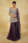 Shop_Megha Bansal_Purple Tulle Embroidered Pearl V-neck Luna Cutdana Kurta Sharara Set _Online_at_Aza_Fashions