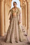 Buy_Megha Bansal_Beige Silk Organza Embroidered Pearl Chaand Vrit Lehenga Trench Set  _at_Aza_Fashions