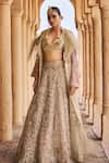 Buy_Megha Bansal_Beige Silk Organza Embroidered Pearl Chaand Vrit Lehenga Trench Set  _Online_at_Aza_Fashions