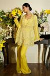 Buy_Megha Bansal_Yellow Silk Organza Hand Embroidery Junaira Petal Jacket Pant Set  _at_Aza_Fashions