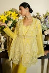 Buy_Megha Bansal_Yellow Silk Organza Hand Embroidery Junaira Petal Jacket Pant Set  _Online_at_Aza_Fashions