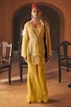 Buy_Megha Bansal_Yellow Silk Organza Hand Embroidery Junaira Petal Jacket Pant Set  