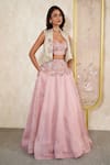 Buy_Megha Bansal_Pink Satin Silk Organza Hand Embroidery Lilies Blouse Lehenga Gilet Jacket Set _at_Aza_Fashions