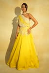 Buy_Megha Bansal_Yellow Satin Silk Organza Hand Tarini Lehenga With Draped Blouse _at_Aza_Fashions