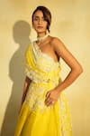 Shop_Megha Bansal_Yellow Satin Silk Organza Hand Tarini Lehenga With Draped Blouse _Online_at_Aza_Fashions