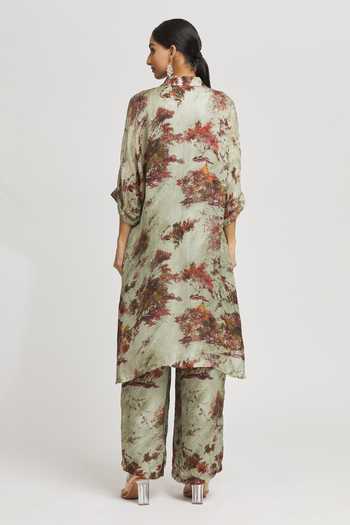 Shop_Whimsical By Shica_Green Organza, Satin Collared Tree Print Tunic And Pant Set _at_Aza_Fashions