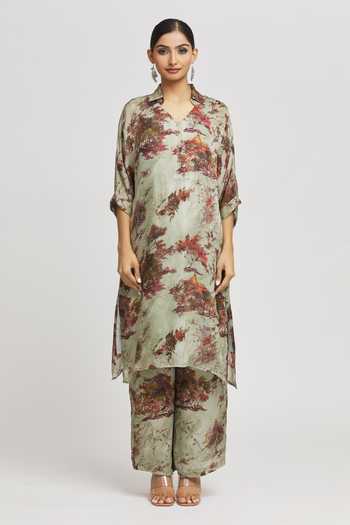 Buy_Whimsical By Shica_Green Organza, Satin Collared Tree Print Tunic And Pant Set _Online_at_Aza_Fashions