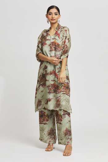 Shop_Whimsical By Shica_Green Organza, Satin Collared Tree Print Tunic And Pant Set _Online_at_Aza_Fashions