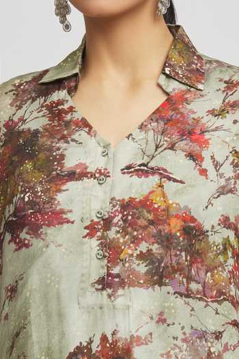 Whimsical By Shica_Green Organza, Satin Collared Tree Print Tunic And Pant Set _at_Aza_Fashions