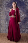 Buy_BAIDEHI_Wine Georgette Cut Dana Prisms Embroidery Open Neck Cape Lehenga Set _at_Aza_Fashions