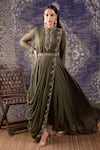 Buy_BAIDEHI_Green Georgette Sequins Embroidery Round Collar Bloom Draped Saree Gown_at_Aza_Fashions