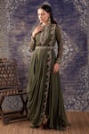 Buy_BAIDEHI_Green Georgette Sequins Embroidery Round Collar Bloom Draped Saree Gown_Online_at_Aza_Fashions