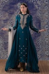 Buy_BAIDEHI_Green Georgette Blossomy Embroidery Mandarin Asymmetric Anarkali With Dupatta _at_Aza_Fashions