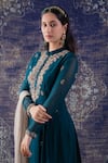 BAIDEHI_Green Georgette Blossomy Embroidery Mandarin Asymmetric Anarkali With Dupatta _Online_at_Aza_Fashions