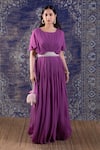 Buy_BAIDEHI_Purple Georgette Mirror Embroidery Round Neck Waist Pleated Maxi Gown _at_Aza_Fashions