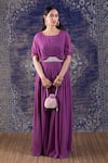 BAIDEHI_Purple Georgette Mirror Embroidery Round Neck Waist Pleated Maxi Gown _Online_at_Aza_Fashions