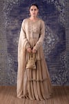 Buy_BAIDEHI_Beige Silk, Organza, Gardenia Embroidered Frilly Tiered Anarkali With Dupatta _at_Aza_Fashions