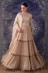 BAIDEHI_Beige Silk, Organza, Gardenia Embroidered Frilly Tiered Anarkali With Dupatta _Online_at_Aza_Fashions