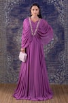 Buy_BAIDEHI_Purple Georgette Pearl Embroidery V Neck Cowl Draped Cape Sleeves Gown _at_Aza_Fashions